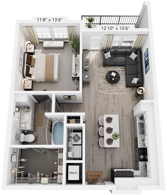 1 Bed 1 Bath Floor Plan | 756 Sq. Ft. at The Louis Apartment Flats, Louisville, KY, 40241