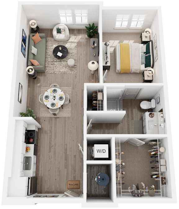 1 Bed 1 Bath Floor Plan | 676 Sq. Ft.  at Artistry at Winterfield Apartments, Midlothian, VA