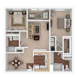 A 3D floor plan of a house with a kitchen, living room, dining room, and bedrooms.