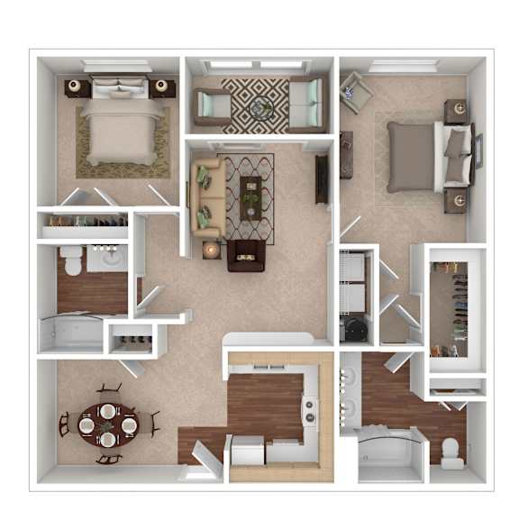 A 3D floor plan of a house with a kitchen, living room, dining room, and bedrooms.