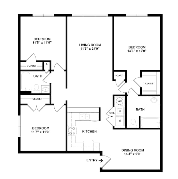 A black and white image of a floor plan for a home with a dining room, kitchen, and three bedrooms.