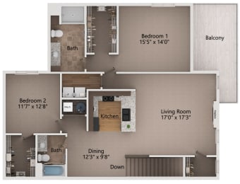 Floor Plan  2 bedroom floor plan including a living room with a fireplace and a dining room