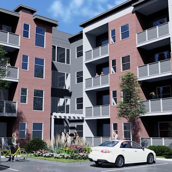 a rendering of an apartment building on a city street