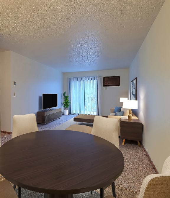 a living room with a dining room table and a kitchen