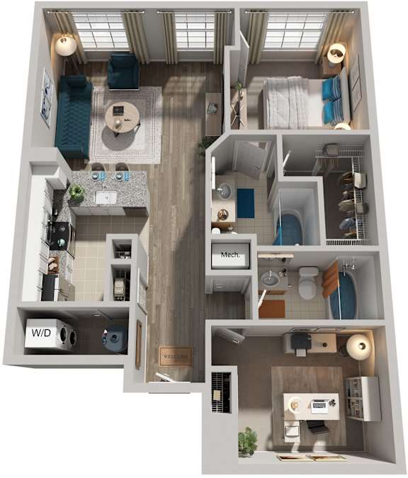 1 Bed 2 Bath Floor Plan | 1,076 Sq. Ft. at Sterling Manor in Williamsburg, Virginia, 23185