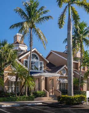 A large building with a tower is surrounded by palm trees.
