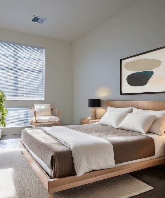 a bedroom with a bed with pillows and two lamps