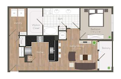 A floor plan of a small apartment with a living room, kitchen, bathroom, and bedroom.