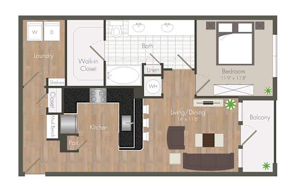 A floor plan of a small apartment with a living room, kitchen, bathroom, and bedroom.