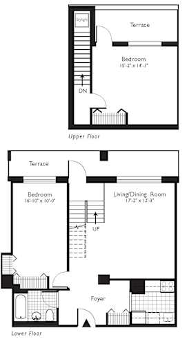 Floor Plan  A floor plan for Ocean Luxury Residences shows a two-bedroom apartment with a living room, kitchen, and terrace at One West, New York, NY,10004.
