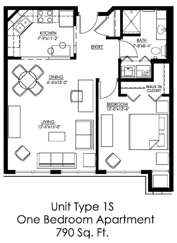 A drawing of a floor plan for a one bedroom apartment.
