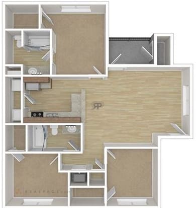 3 Bed 2 Bath Floor Plan at Las Villas De Leon Apartments, San Antonio