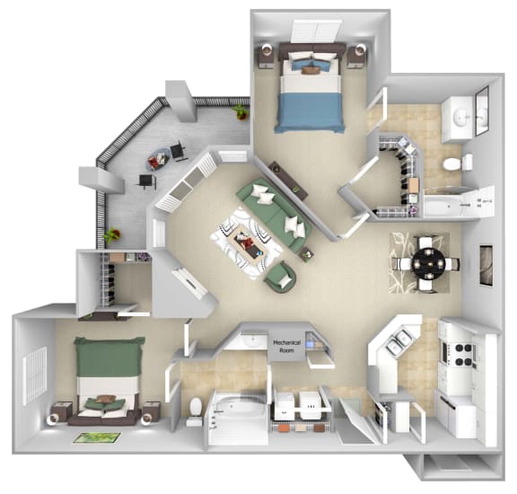 Lantern Woods - B4 - The Colonial - 2 bedroom - 2 bath - 3D floor plan