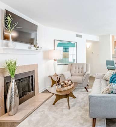 A living room with a grey couch and a fireplace. at Central on the Green Apartment Homes, North Carolina, 27604