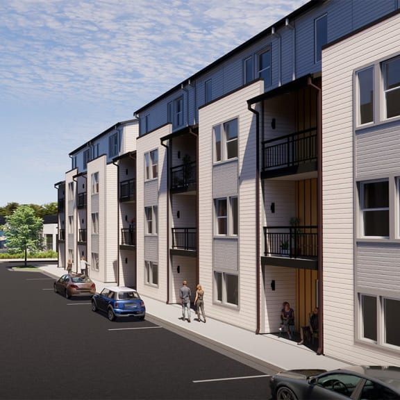 a rendering of a city street with rows of apartment buildings