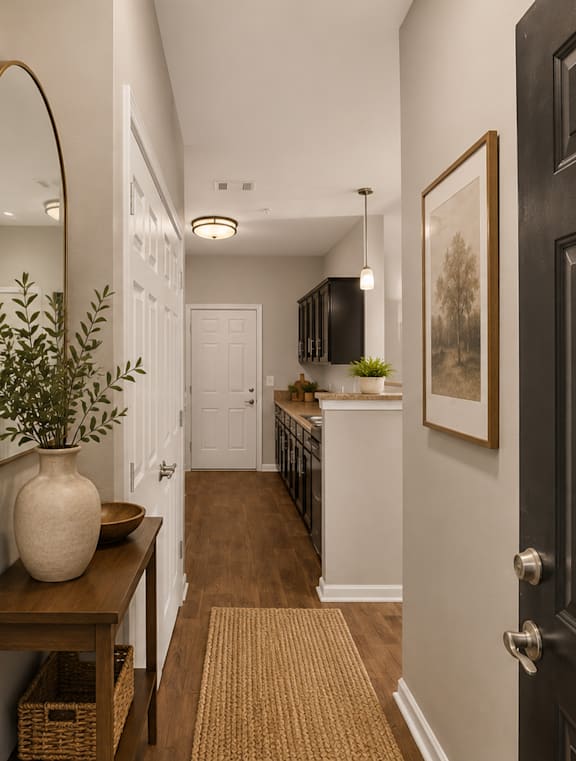 a kitchen with an island and red bar stools