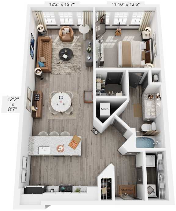 1 Bed 1 Bath Floor Plan | 913 Sq. Ft. at The Louis Apartment Flats, Louisville, KY, 40241