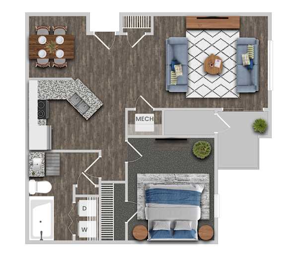 A top-down view of a house layout with a dining area, living room, kitchen, and bathroom.