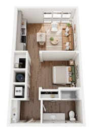 a stylized floor plan with a bedroom and a living room