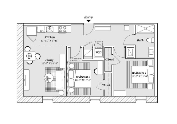 3 bed 2 bath C5 Floor Plan at 99 Front, Memphis