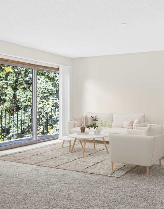 A modern living room with a dining table set for four.