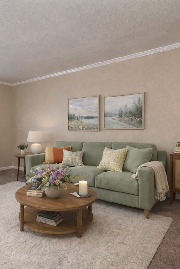 Living room with coffee table at Lodi Commons Senior Living, Lodi, CA, 95240