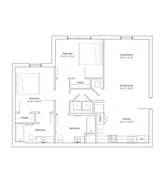 A floor plan of a house with a kitchen, living room, dining room, and two bedrooms.
