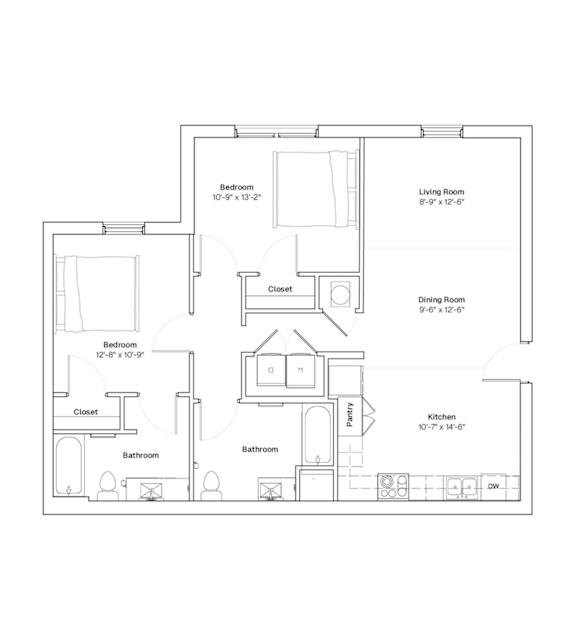 A floor plan of a house with a kitchen, living room, dining room, and two bedrooms.