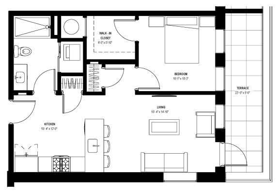 1 bed 1 bath floor plan M at Glassworks, Pennsylvania
