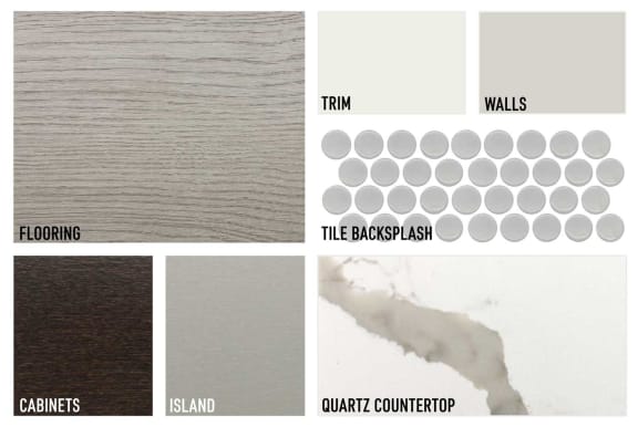 Signature Dark Palette collage with medium brown flooring, dark brown cabinets, and white counters