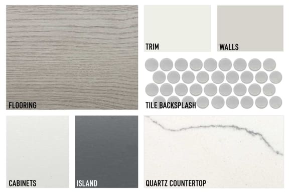 Signature Light Palette collage with medium brown flooring, white and gray cabinets, and white counters