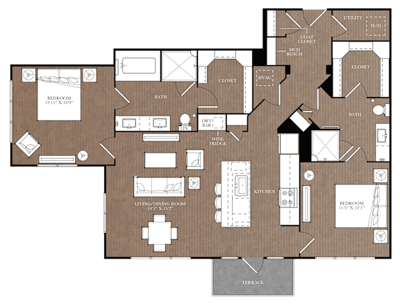 A detailed floor plan of a house with labeled rooms and furniture.