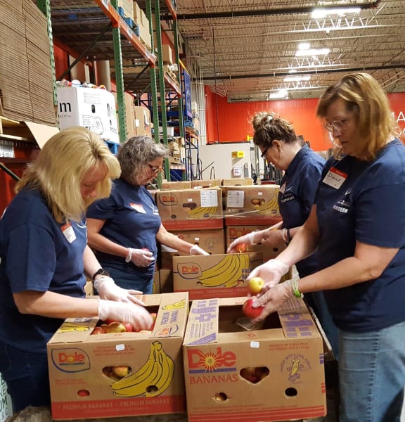 a group of women sorting boxes of bananas in a warehouse