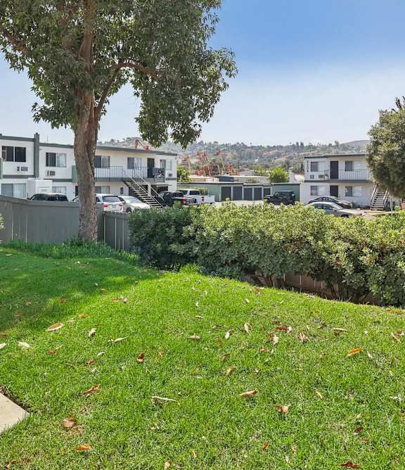 A row of white houses with a concrete pathway in the middle.