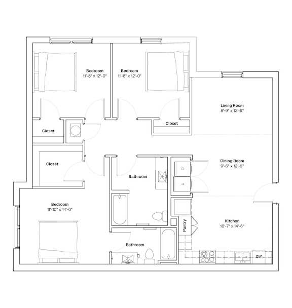 A floor plan of a house with a living room, dining room, kitchen, and two bathrooms.