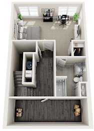 A top down view of a small apartment with a kitchen, living room, and bedroom.