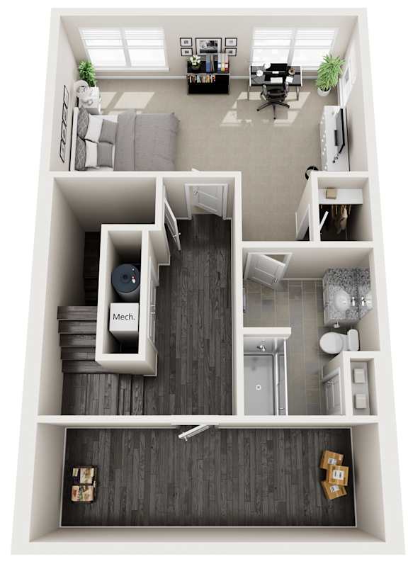 A top down view of a small apartment with a kitchen, living room, and bedroom.