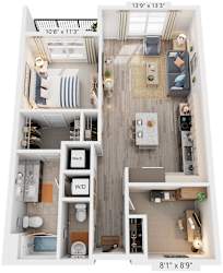1 Bed 1.5 Bath Floor Plan | 887 Sq. Ft. at Rivergate in Woodbridge, Virginia, 22191