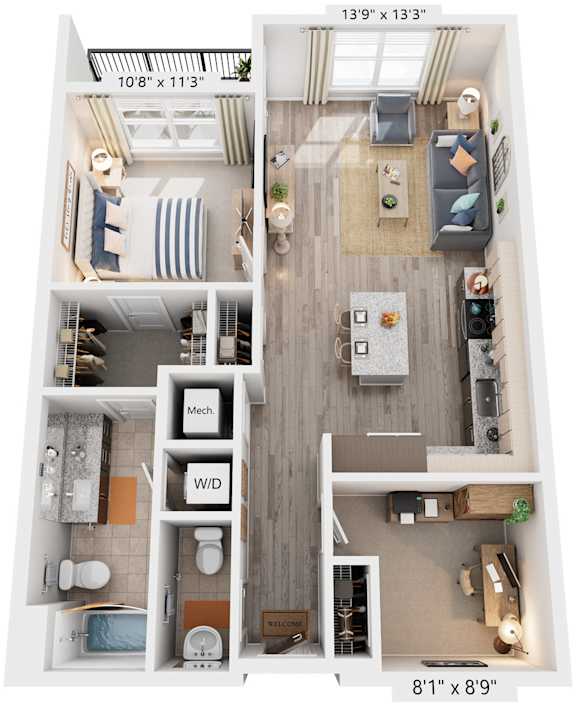 1 Bed 1.5 Bath Floor Plan | 887 Sq. Ft. at Rivergate in Woodbridge, Virginia, 22191