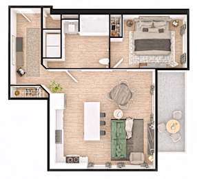 A floor plan of a house with a living room, kitchen, and two bedrooms.