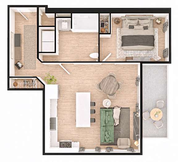 A floor plan of a house with a living room, kitchen, and two bedrooms.