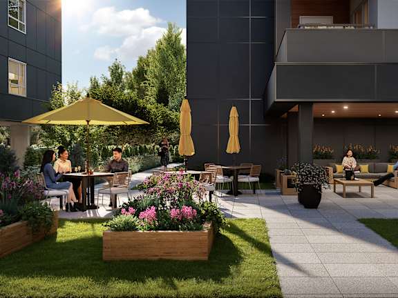 Exterior Seating Area at Woodland Place Apartments, Langford, BC, L4H 3P6