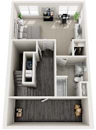 A top down view of a small apartment with a kitchen, living room, and bedroom.