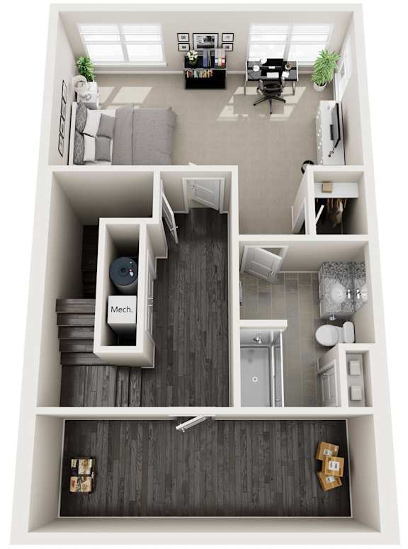 A top down view of a small apartment with a kitchen, living room, and bedroom.