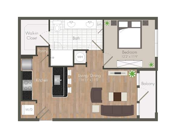 A floor plan of a house with a bedroom, kitchen, and balcony.