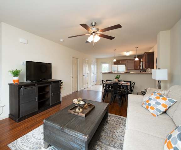 A living room with a television, a couch, and a coffee table.