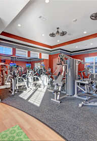 A gym with a variety of equipment including treadmills, weights, and exercise machines.