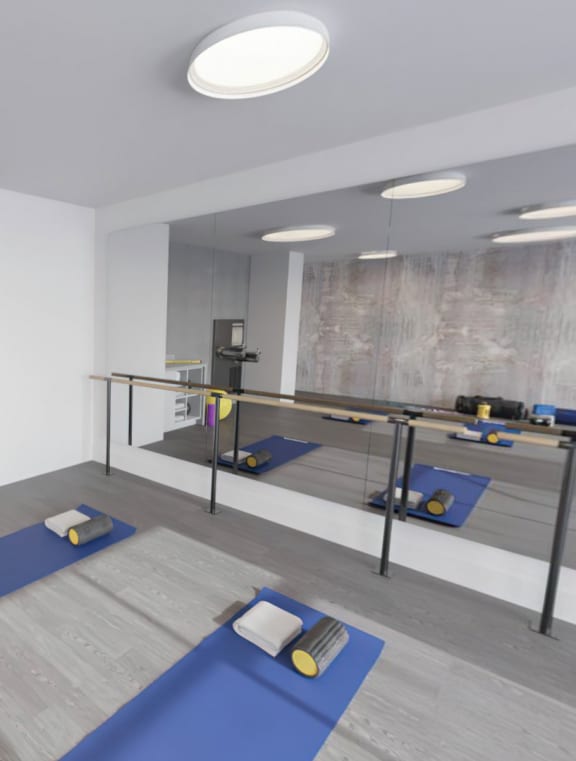 Fitness Center with Plank Flooring, Water Fountain, and Mirrored Walls at Link Apartments Fitz, Aurora, Colorado