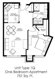 Floor Plan  A drawing of a floor plan for a 751 sq. ft. one bedroom apartment.