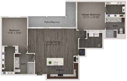 A floor plan of an apartment with a living room, kitchen, bedroom, bathroom, and patio/balcony.